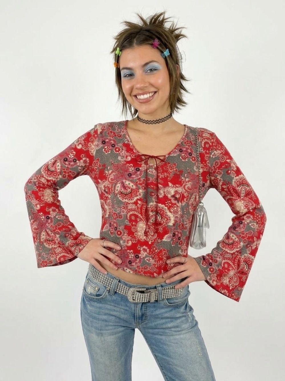 Y2K Boho Paisley Floral Blouse Bell Sleeve Sheer Baddie Indie Sleaze Cottagecore